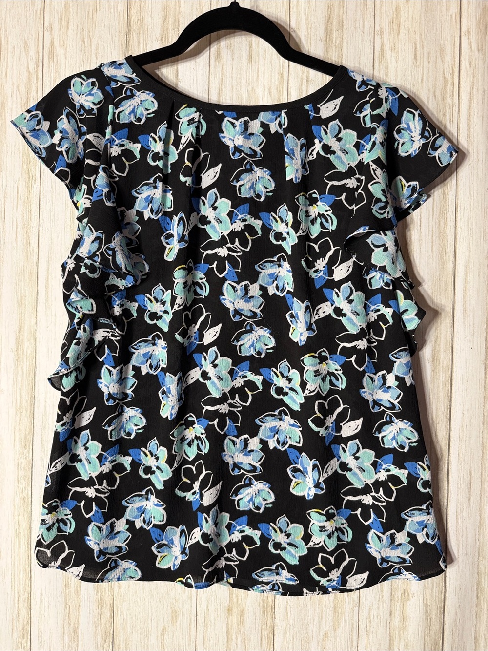 Elle Black Floral Ruffle Sleeve Blouse with Blue and Mint Flowers